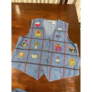 Vintage 90s Bobbie Brooks Denim Farm Animal Applique Vest XL 16/18 Cottagecore
